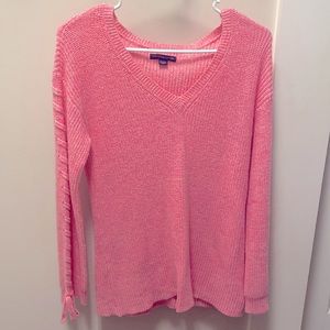American Eagle Pink V-neck sweater with stitched detail on the arms. RARE STYLE